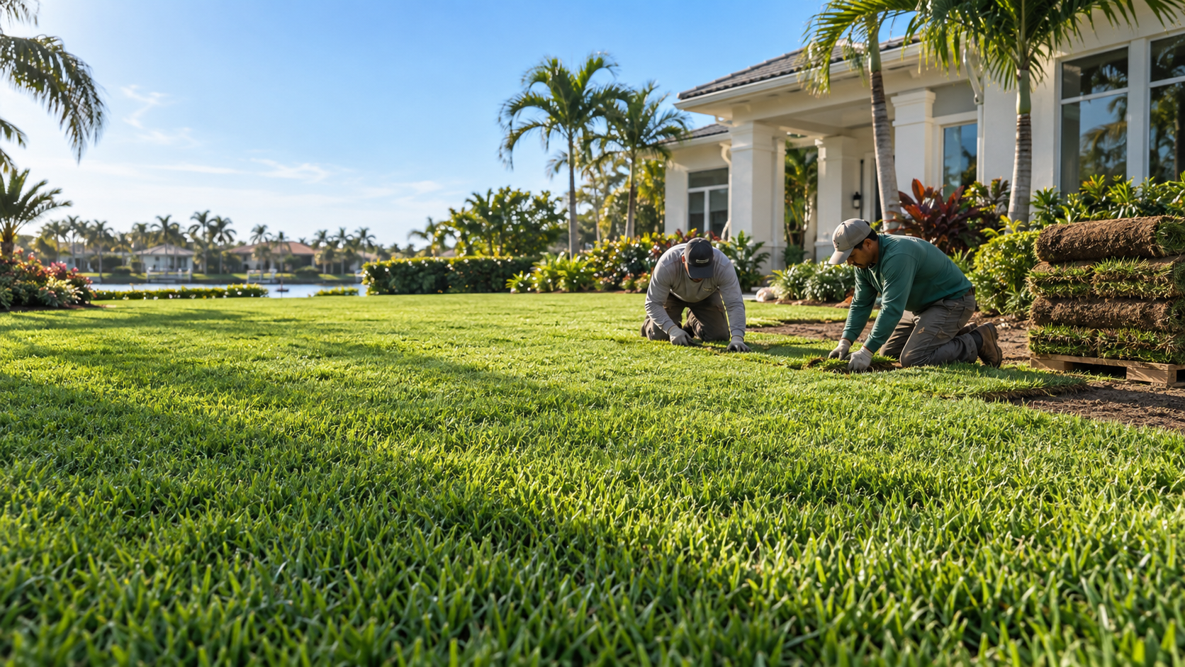 Professional crew installing fresh sod at a South Florida home